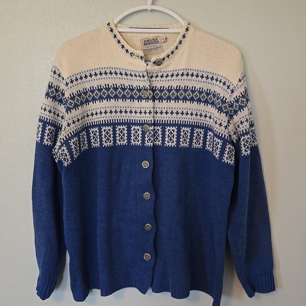 Amana Fine Woolens | Vintage Fair Isle Christmas Sweater Cardigan Size Large